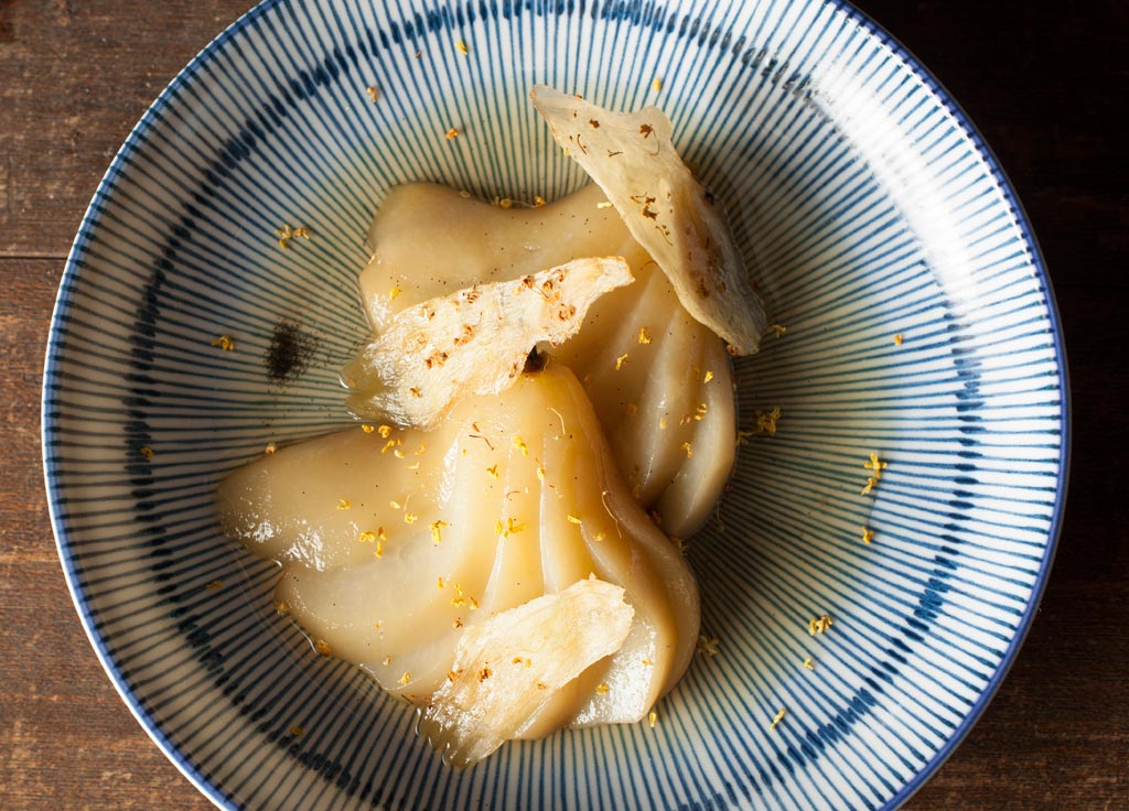 Plum Wine Poached Australian Pear dessert