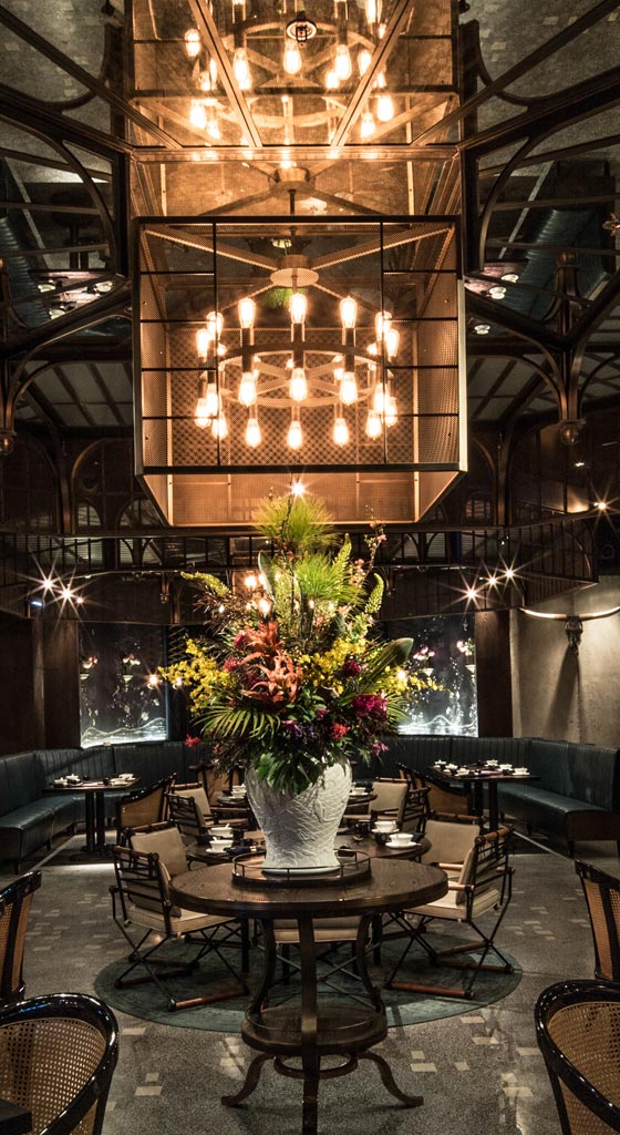 Interior of Mott 32 restaurant in Hong Kong